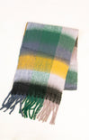 Plaid scarf with green, yellow, and gray colors on a white background