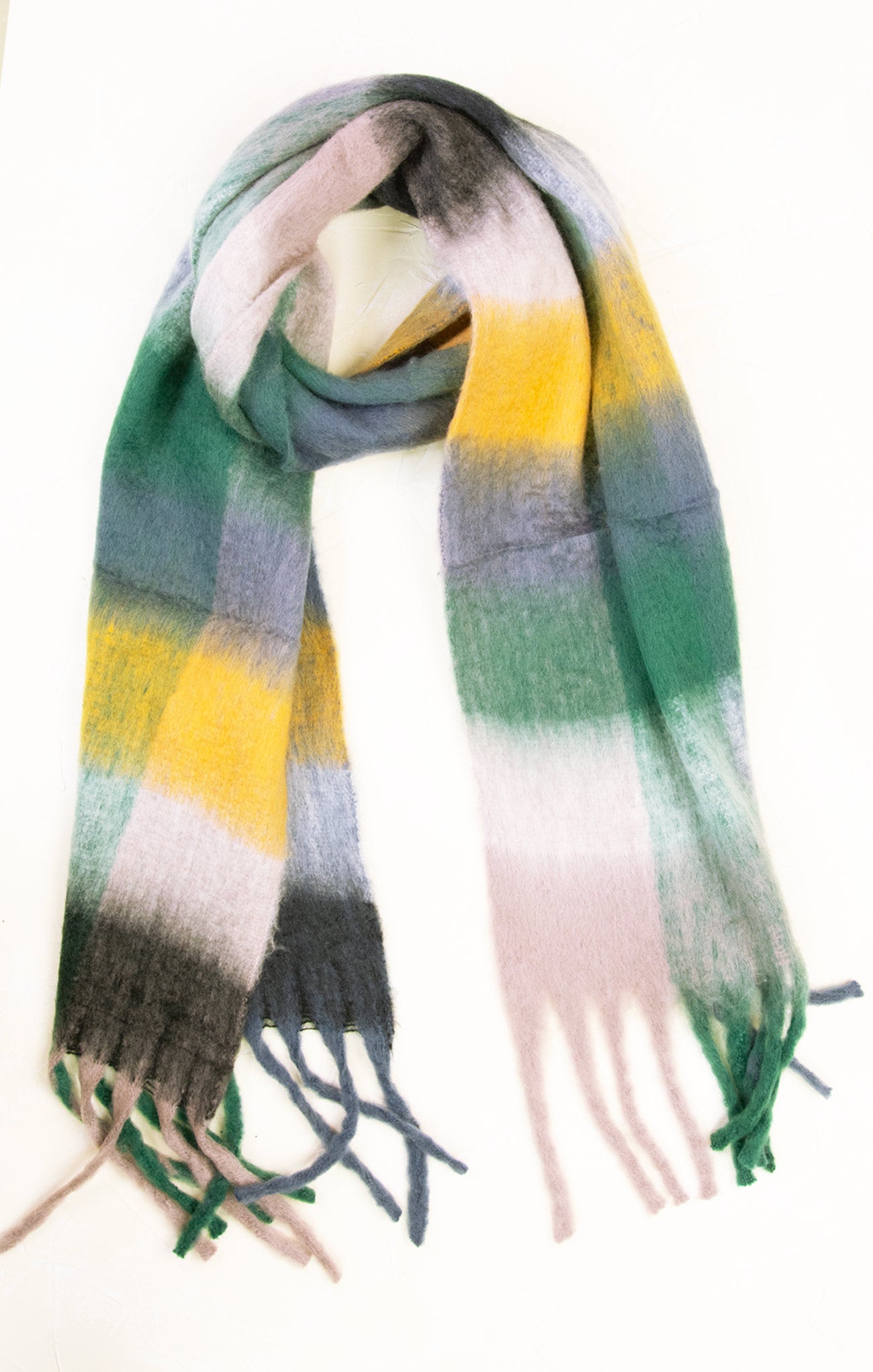 Plaid scarf with green, yellow, and gray colors on a white background