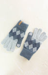 Pair of blue and gray checkered gloves on a white background