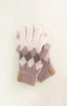 Pair of checkered fingerless gloves on a light background
