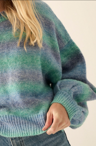 CLAIRE OMBRE STRIPED SWEATER-blue,striped pattern,puffy sleeve,round neck,ombre stripes