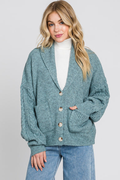 CLARA CABLE CARDIGAN-winter blue,button down closure,long sleeves,cable pattern on sleeves,front pockets,collar