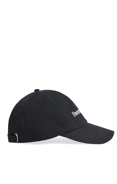 Black cap with a brand logo on a white background