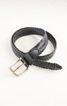 Black braided belt with a gold buckle on a white background
