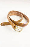 Brown braided belt with a gold buckle on a white background