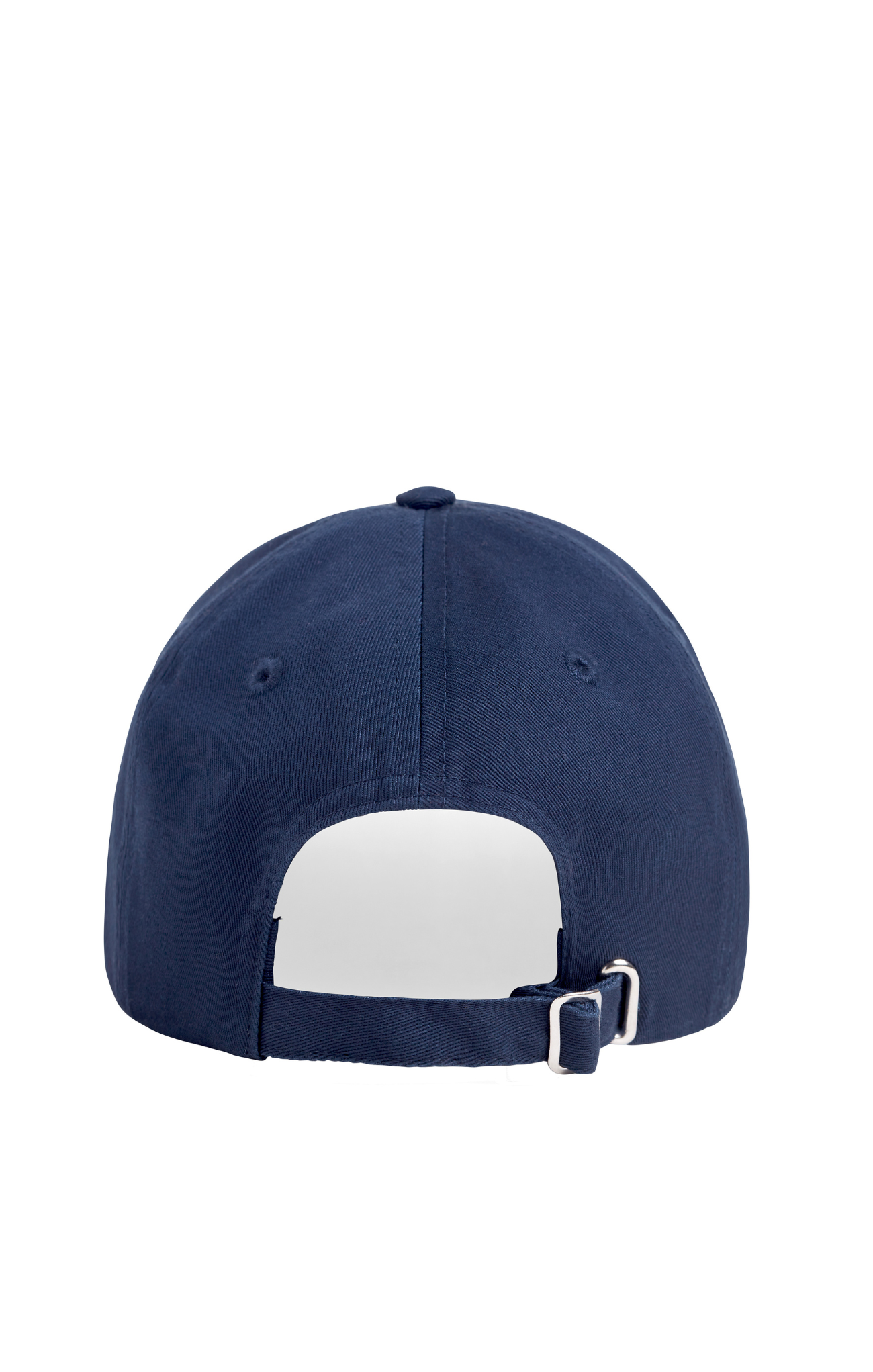 Navy blue cap with a white patch on a white background