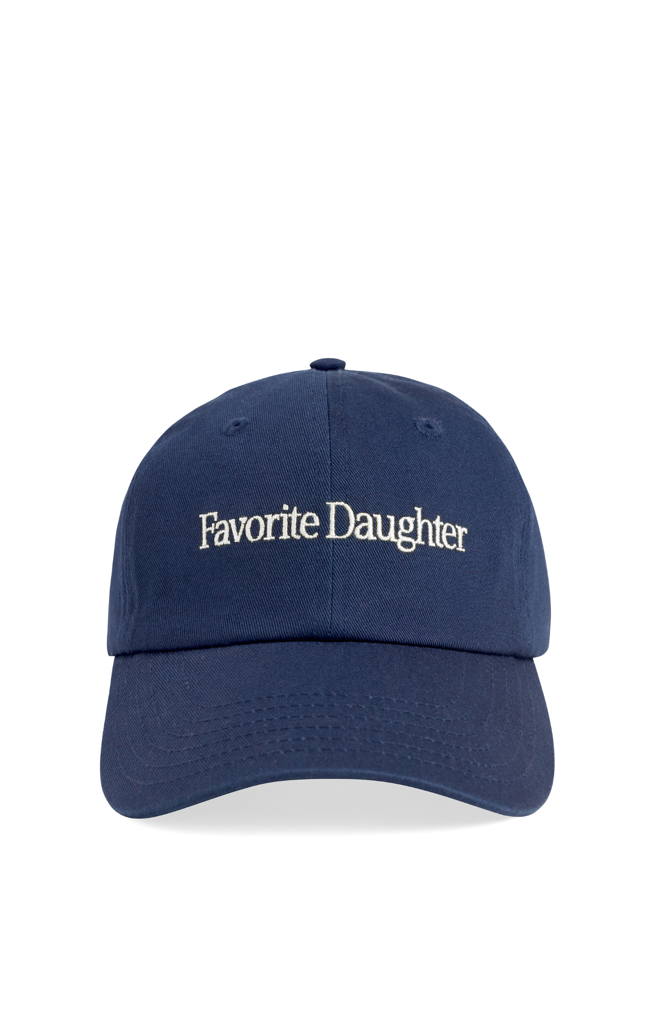 Navy blue cap with 'Favorite Daughter' text on a white background