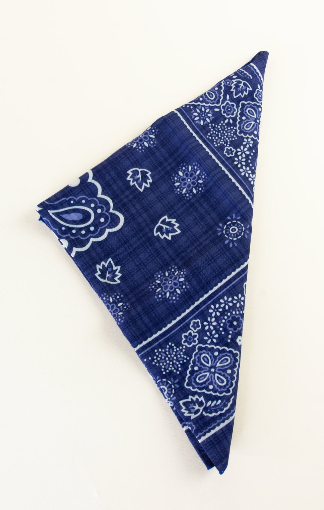 Blue bandana with white patterns on a white background