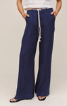 Navy blue wide-leg pants with a drawstring waist on a plain background