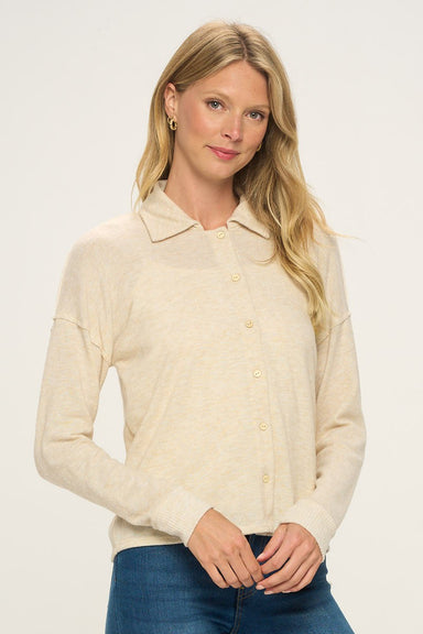 COLLARED BUTTON DOWN KNIT TOP-oatmeal,button down,collared,long sleeve,knit top