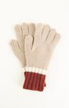 Pair of gloves with beige body and red cuffs on a white background