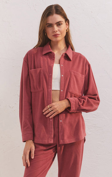 COOL NIGHTS FLEECE SHIRT-pink aura, button front, collared, double pockets, long sleeve
