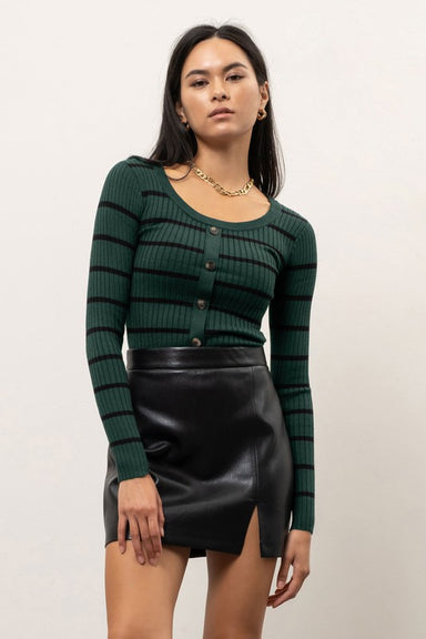 Corey Knit Top - Scoop Neck Top, Green with Black Stripes, front Button