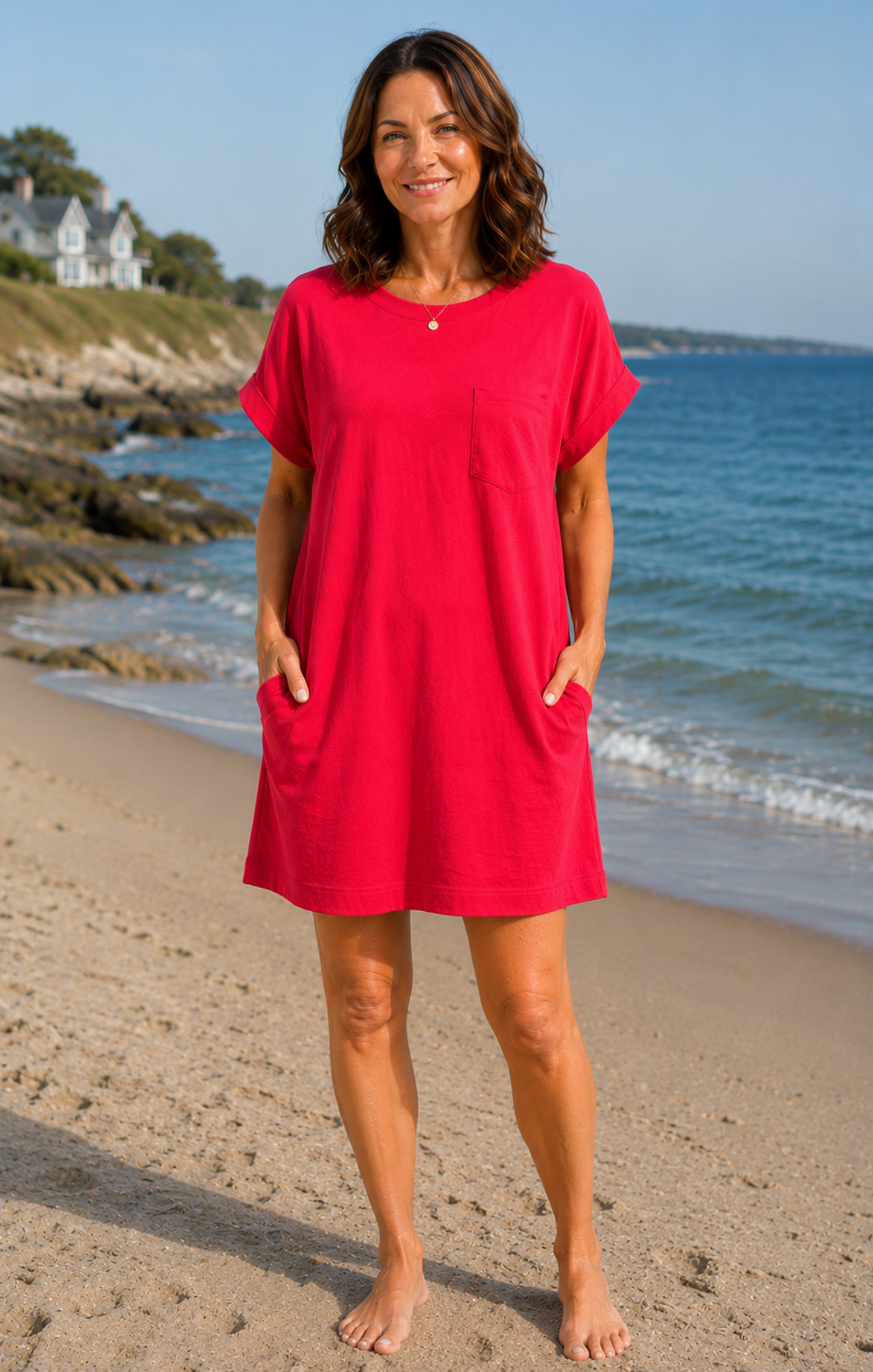 Woman in a red dress standing on a beach with ocean and sky in the background