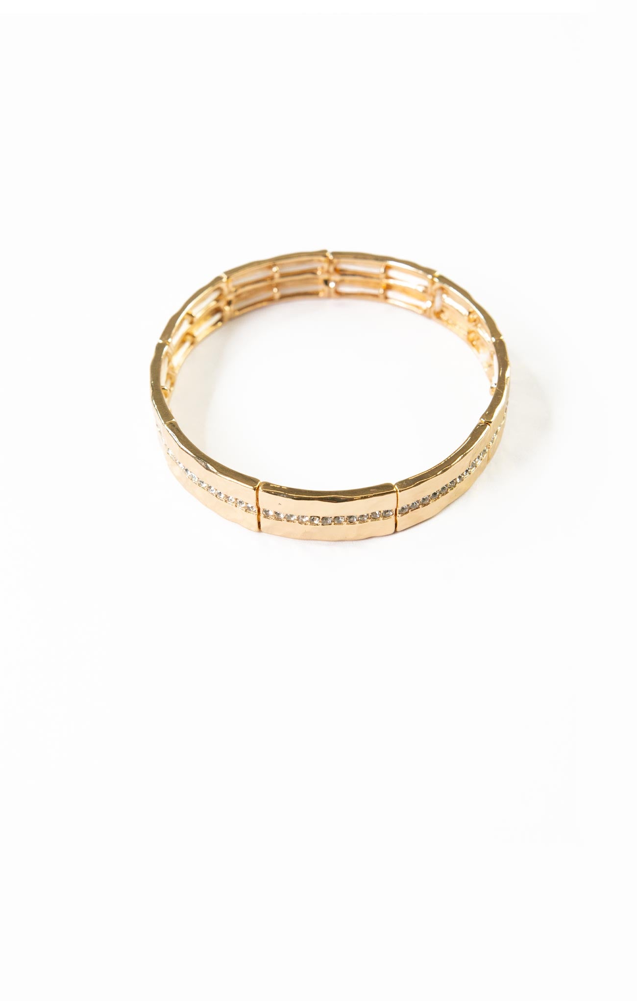 CRYSTAL LINE METAL STRETCH BRACELET-gold,silver,row of crystal details,hammered metal,stretch bracelet