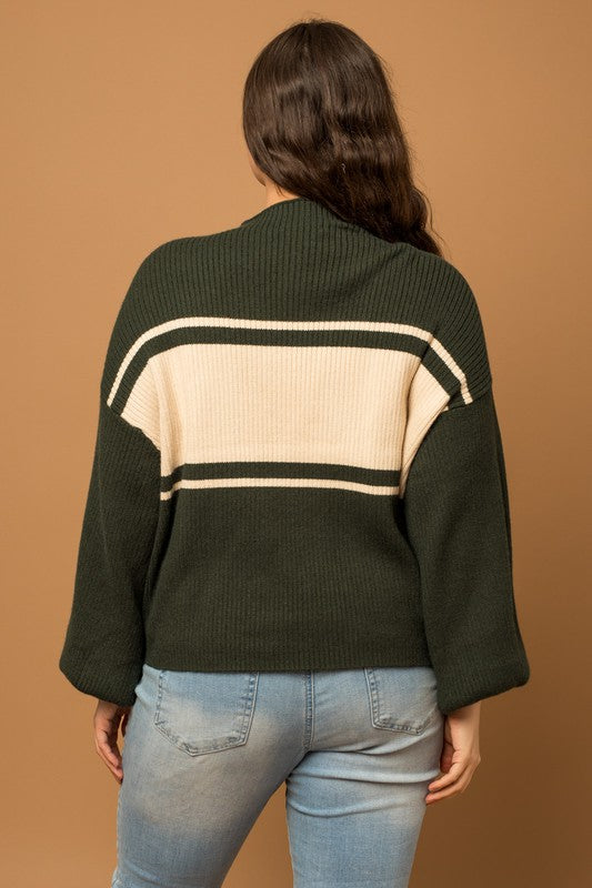 CURVY COLOR BLOCK MOCK SWEATER - Mock neck, balloon long sleeve, green and white, color block