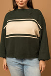 CURVY COLOR BLOCK MOCK SWEATER - Mock neck, balloon long sleeve, green and white, color block