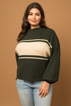 CURVY COLOR BLOCK MOCK SWEATER - Mock neck, balloon long sleeve, green and white, color block 