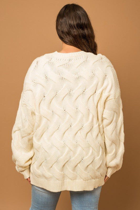 CURVY LOLA CABLE KNIT SWEATER - white, cable knit design whole sweater, long sleeve, round neck