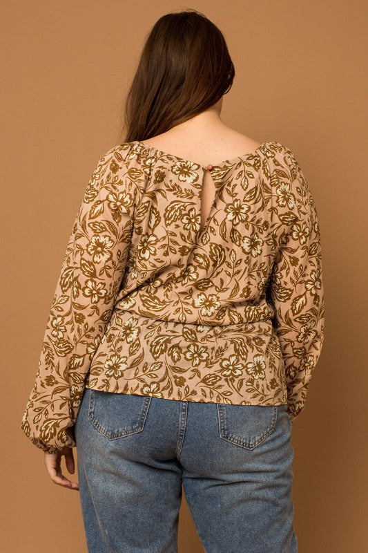 CURVY LORNA FLORAL TOP - Taupe base with brown floral details on the entire blouse, peplum fit, balloon sleeve, v neck, curvy