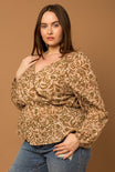 CURVY LORNA FLORAL TOP - Taupe base with brown floral details on the entire blouse, peplum fit, balloon sleeve, v neck, curvy