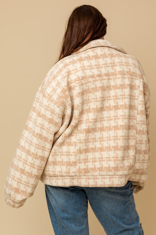 CURVY TEDDY BUTTON JACKET - Curvy, Tan, Taupe, Fuzzy, Jacket, Front POckets, White and Tan Pattern