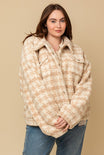 CURVY TEDDY BUTTON JACKET - Curvy, Tan, Taupe, Fuzzy, Jacket, Front POckets, White and Tan Pattern