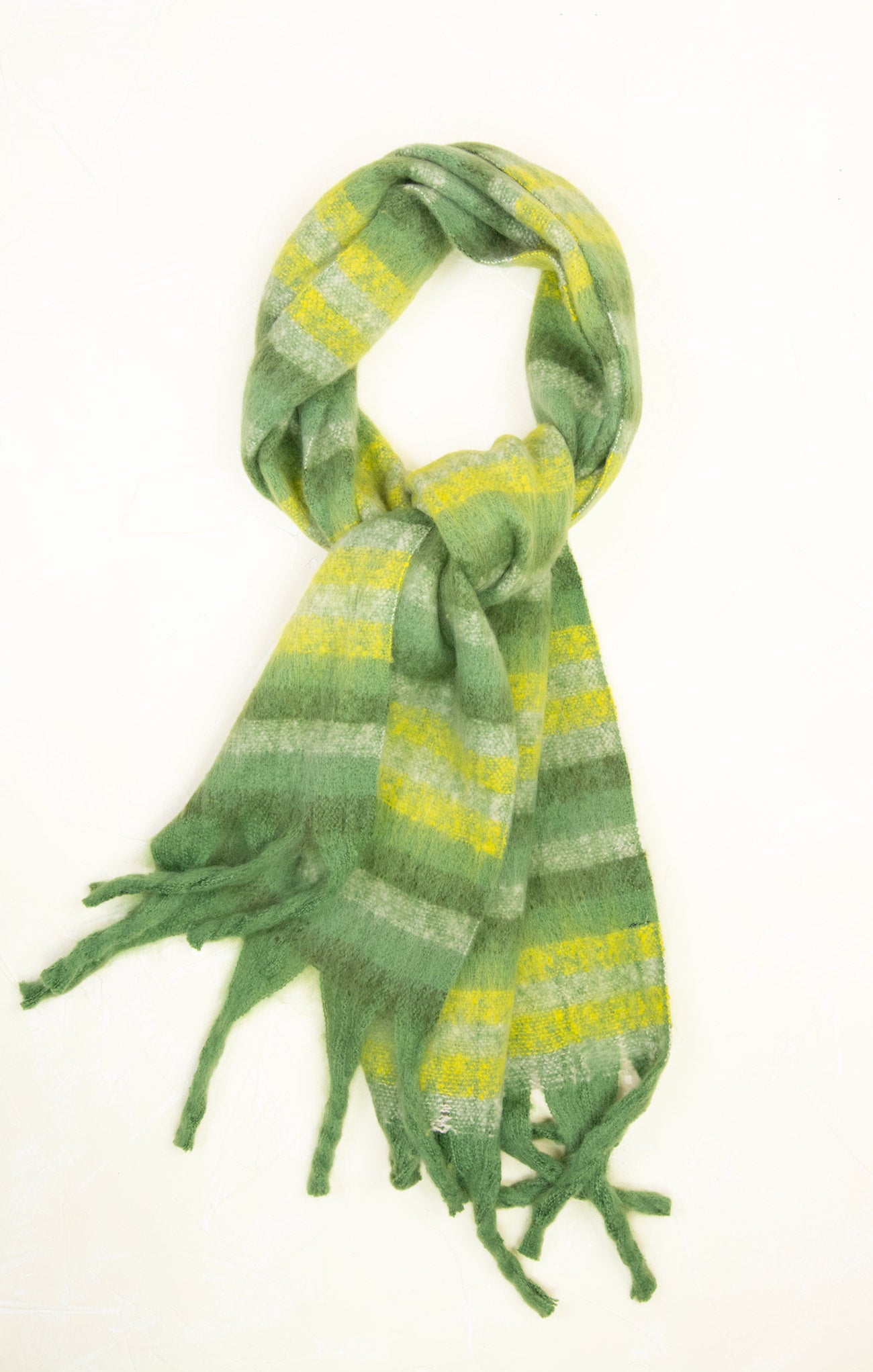 Green and yellow striped scarf on a white background