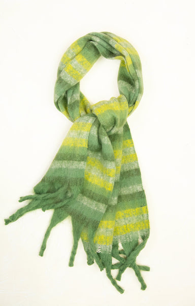 Green and yellow striped scarf on a white background