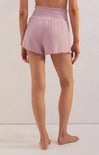 DAWN RIB SHORT-pink glaze,smocked elastic waist,ruffle hem,pajama shorts