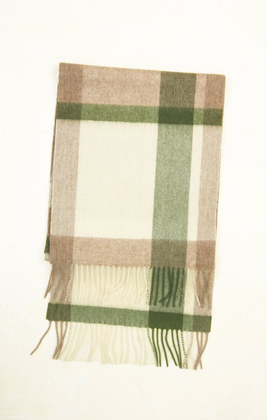 Plaid scarf with green, beige, and white colors on a white background