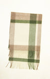 Plaid scarf with green, beige, and white colors on a white background