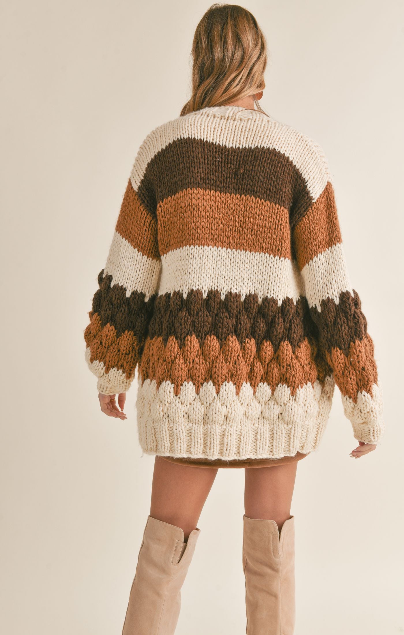 DOLLY DELIGHT CHUNKY HANDMADE CARDIGAN-brown multi,striped,chuky knit,open cardigan