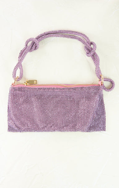Purple beaded handbag with a gold zipper on a white background
