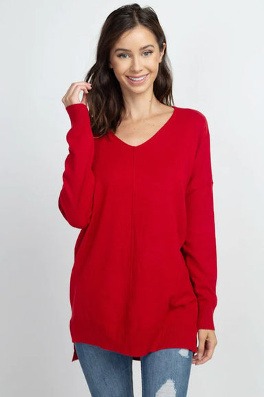 DREAMERS SWEATERS HOLIDAY-bright red,juniper,pine,v-neck,long sleeve,sweater