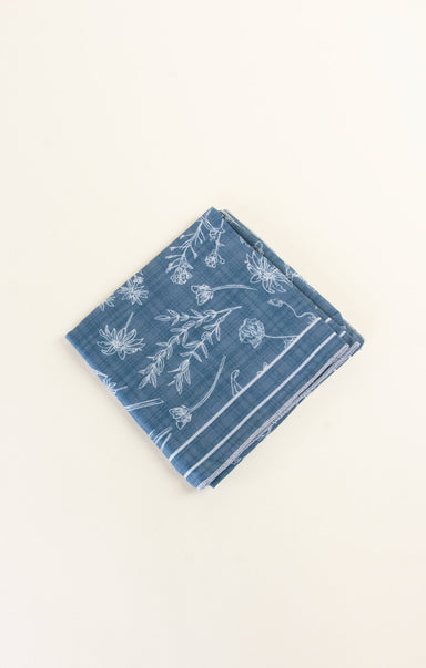 Blue fabric with white floral patterns on a beige background