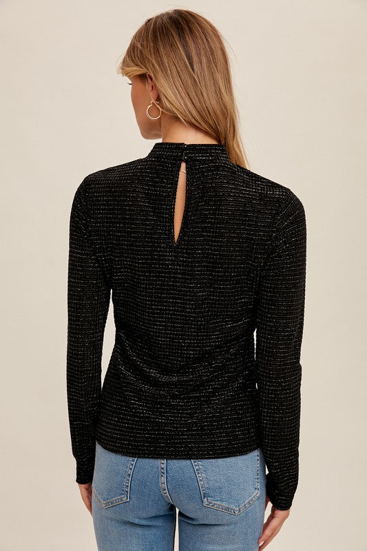 ELLIE LUREX VELVET TOP- Black velvet top with shimmery thread, mock neck, long sleeve, form fitting