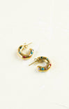 Gold hoop earrings with colorful gemstones on a white background