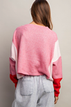 EMERY CROPPED SWEATER-pink,color block,white and red stripes,long sleeve,round neck