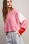 EMERY CROPPED SWEATER-pink,color block,white and red stripes,long sleeve,round neck