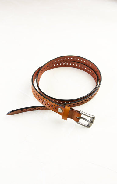 Brown leather belt with perforated design on a white background