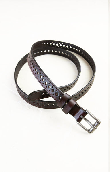 Brown leather belt with perforated design on a white background