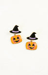 Halloween-themed earrings with jack-o'-lanterns and witch hats on a white background