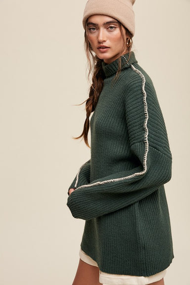 EVELYN MOCK NECK SWEATER-poppy red,deep green,mock neck,contrast stictiching,ribbed fabric,long sleeves
