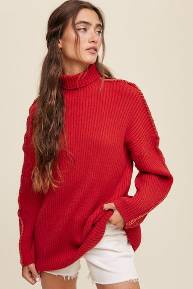 EVELYN MOCK NECK SWEATER-poppy red,deep green,mock neck,contrast stictiching,ribbed fabric,long sleeves