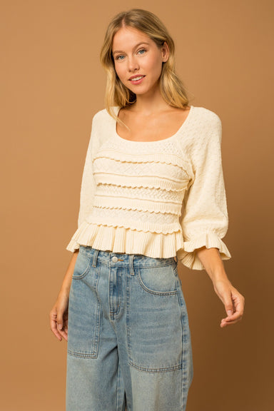 EVERLEIGH DAINTY SWEATER-cream,ruffled front,3/4 length sleeves,scoop neck