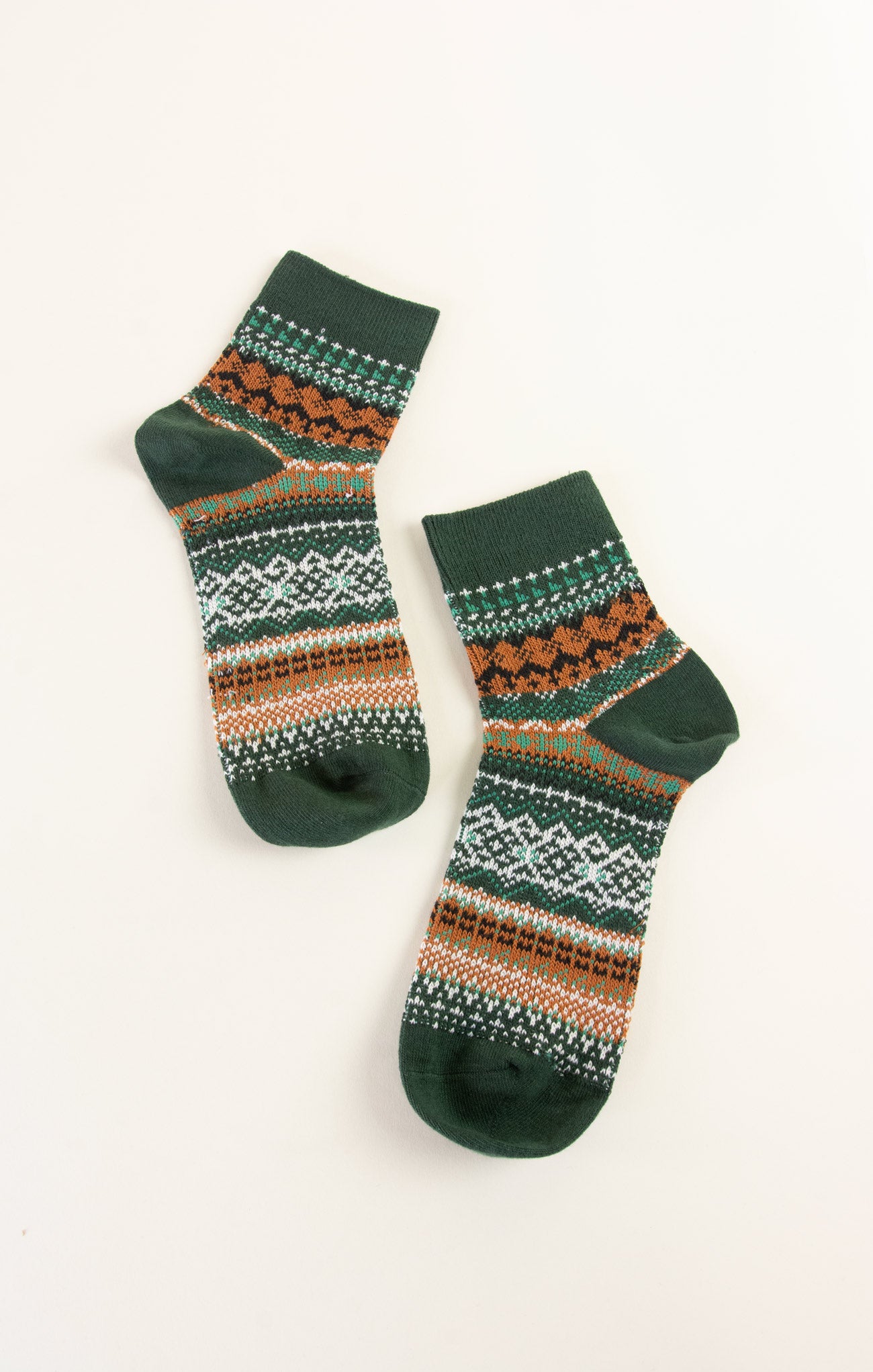 Pair of green socks with pattern on a white background