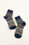 Pair of patterned socks with blue accents on a white background