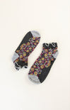 Pair of floral-patterned socks on a white background