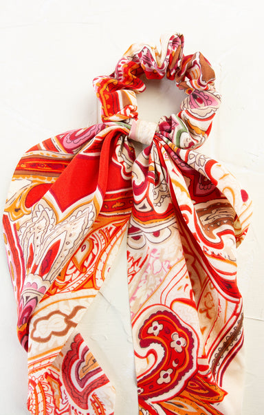 Colorful patterned scrunchie on a white background